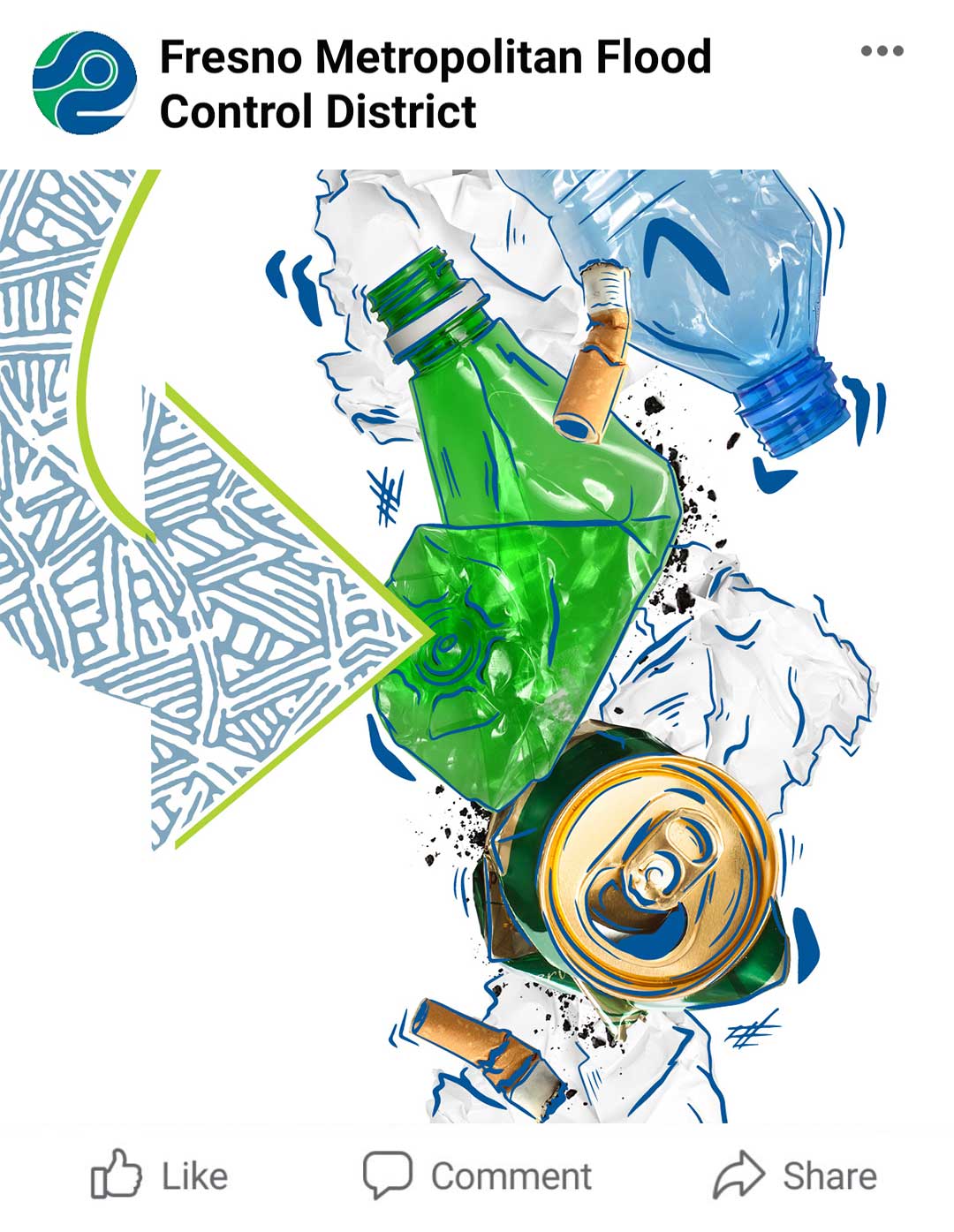21-FFC-social-ad1 Graphic by the Fresno Metropolitan Flood Control District with an arrow pointed down and angling right, to trash, including a water bottle, soda bottle, aluminum can, paper trash, and cigarettes