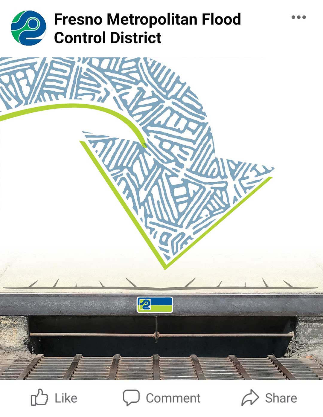 21-FFC-social-ad2 Graphic by the Fresno Metropolitan Flood Control District with an arrow pointed right and angling down into a Fresno-area storm drain