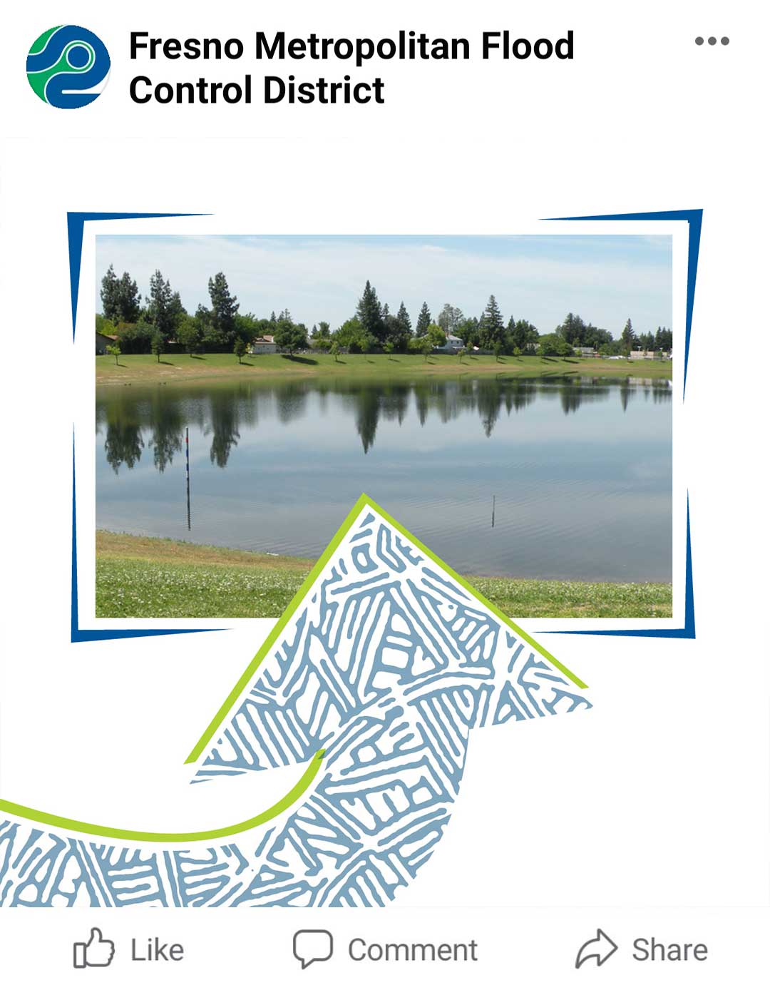 21-FFC-social-ad3 Graphic by the Fresno Metropolitan Flood Control District with an arrow pointed right and angling up into a photo of a Fresno-area ponding basin