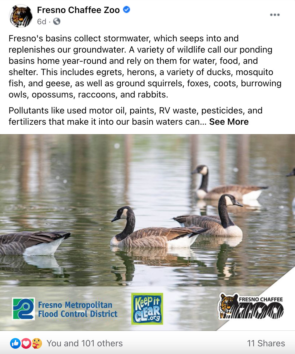 21-FFC-social6 Facebook social post screenshot of the Fresno Chaffee Zoo reminding the public about keeping pollutants out of storm drains and stormwater basins to avoid harming wildlife