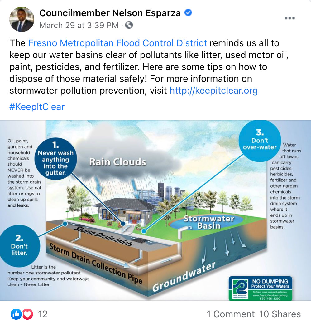 21-FFC-social8 Facebook social post screenshot of Fresno City Councilmember Nelson Esparza reminding the public about keeping pollutants out of storm drains and stormwater basins