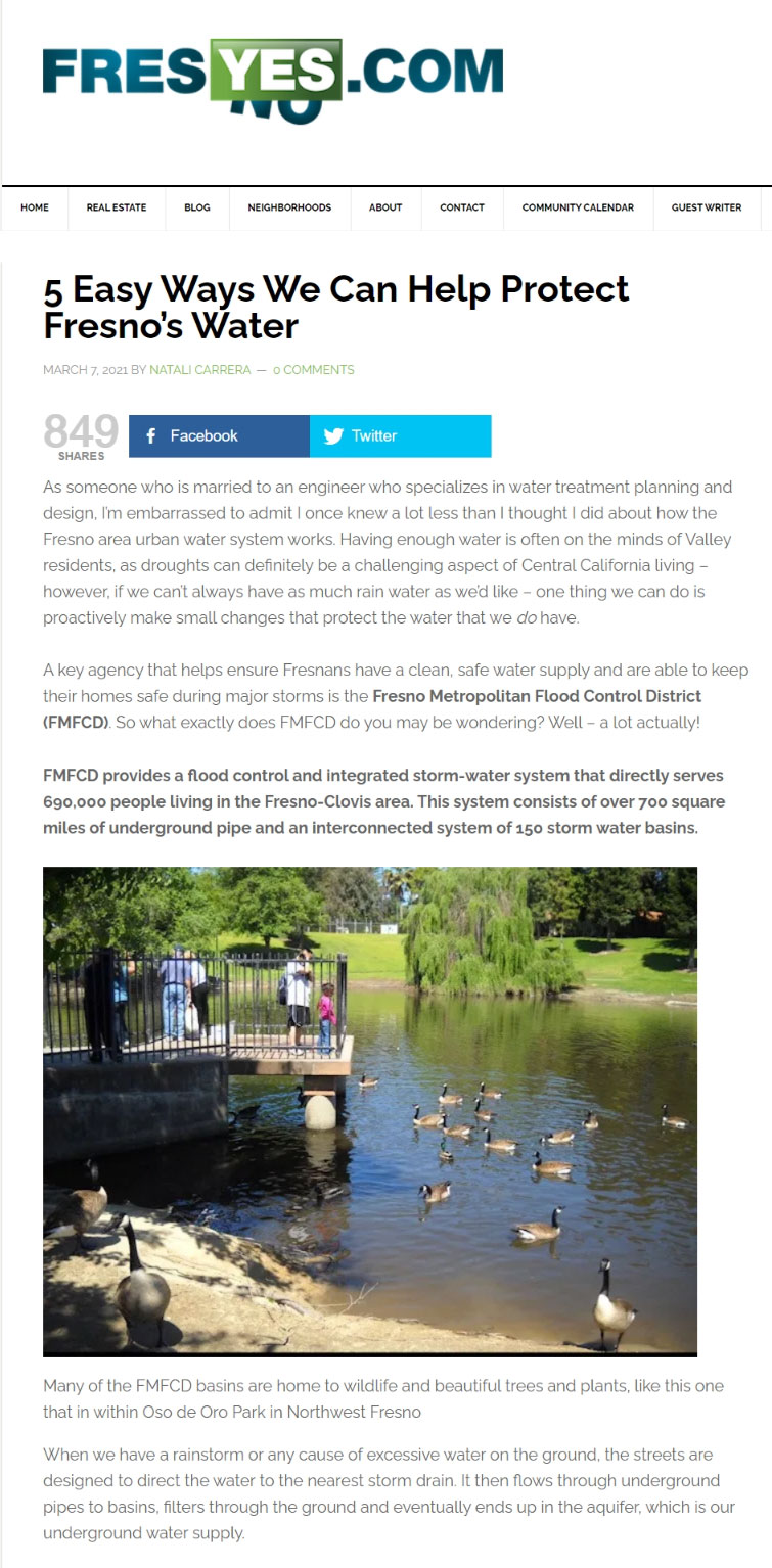 21-FFC-social9 FresYes.com story screenshot highlighting "5 Easy Ways We Can Help Protect Fresno's Water"
