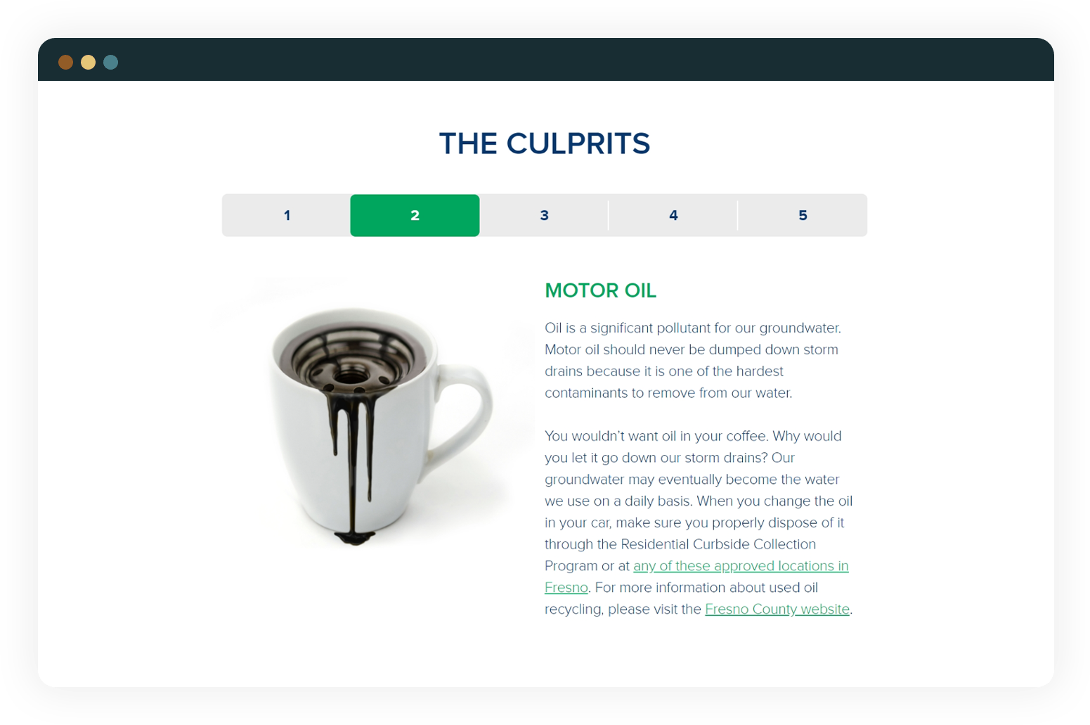 Website screenshot of KeepItClear.org, showing how motor oil doesn't belong down storm drains just like they don't belong in coffee