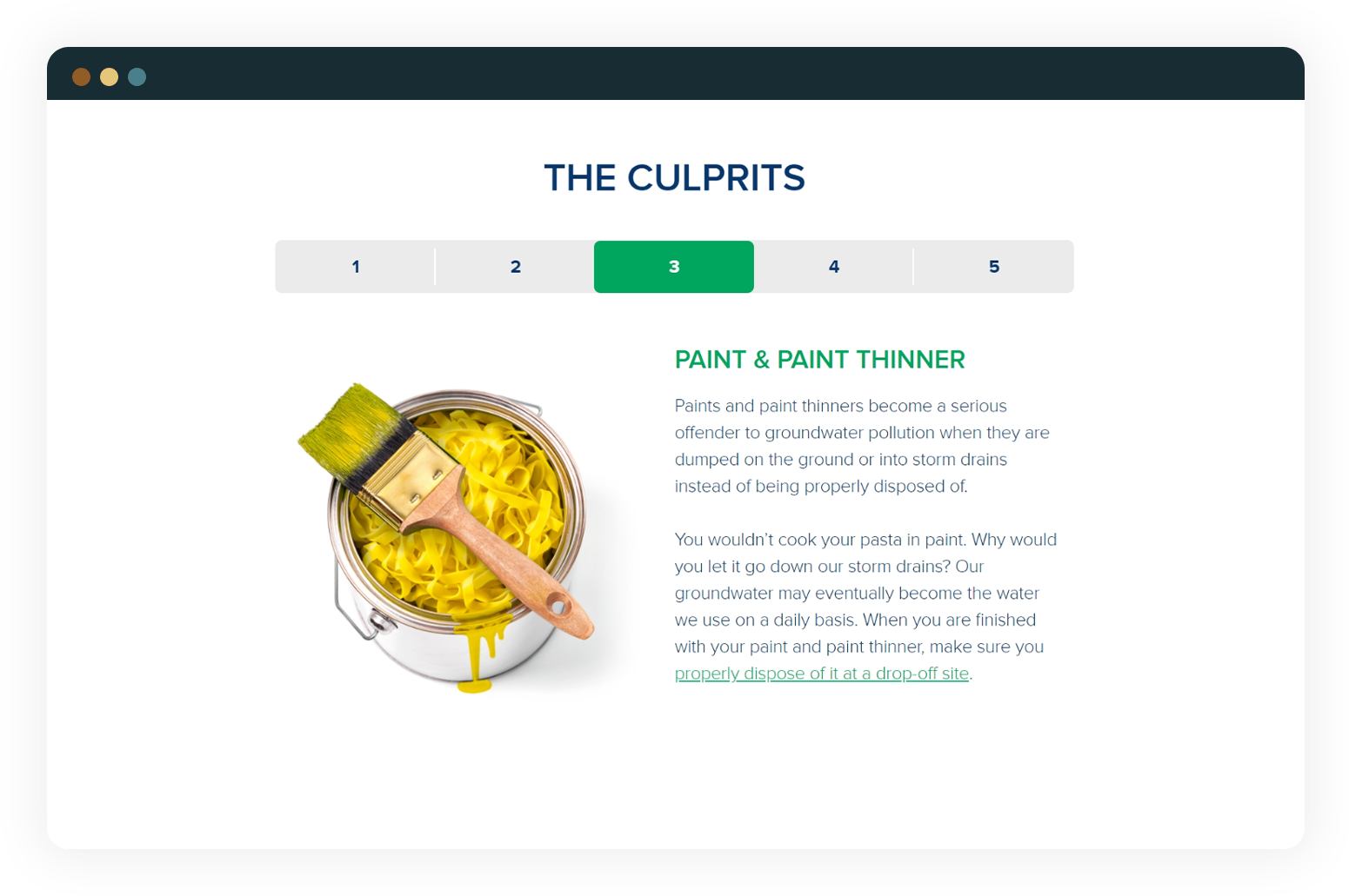 Website screenshot of KeepItClear.org, showing how paint and pain thinner don't belong down storm drains just like they don't belong on your pasta