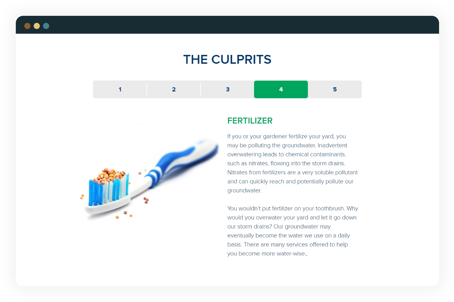 Website screenshot of KeepItClear.org, showing how fertilizers don't belong down storm drains just like they don't belong on your toothbrush