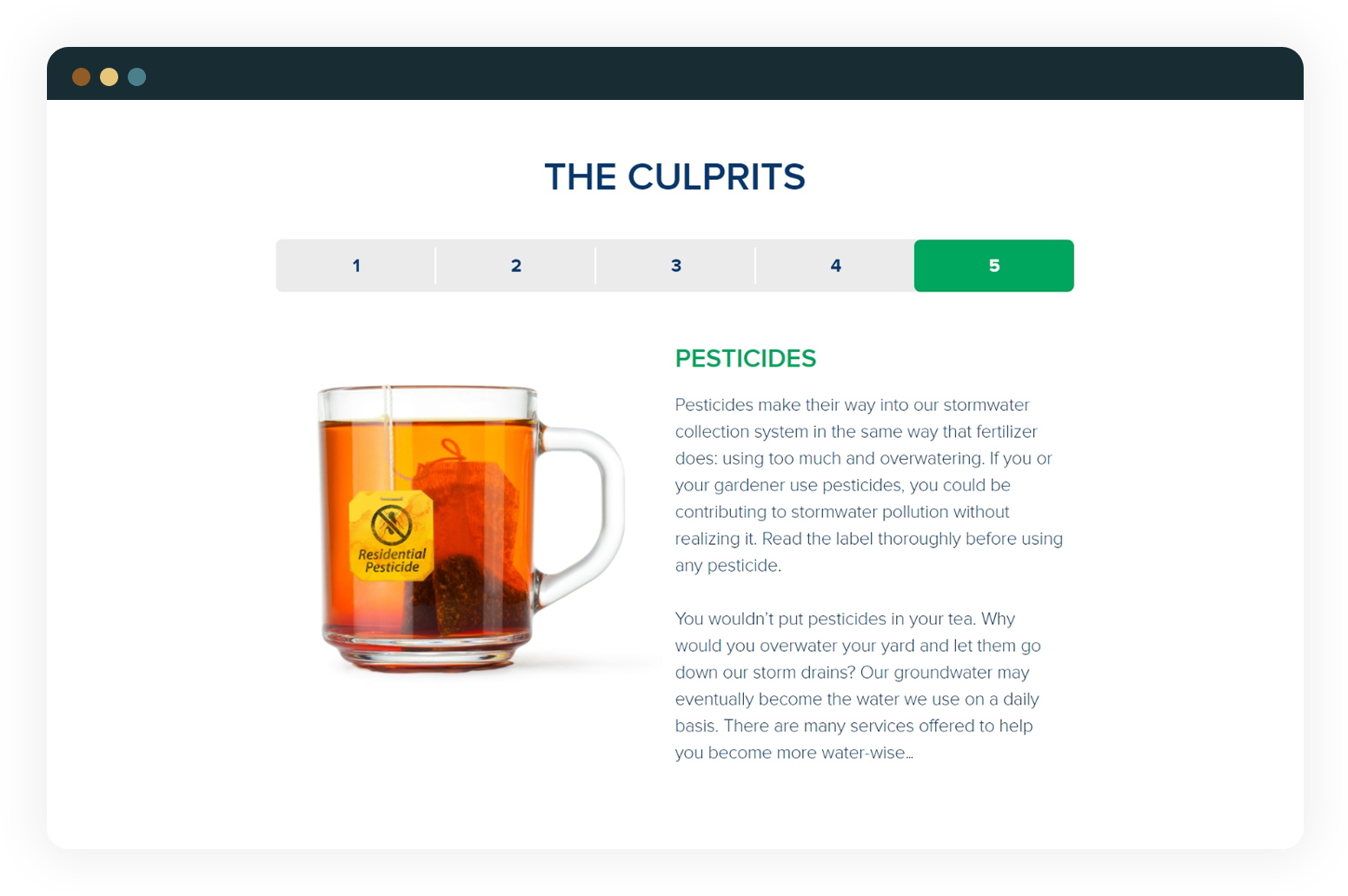 Website screenshot of KeepItClear.org, showing how pesticides don't belong down storm drains just like they don't belong in tea