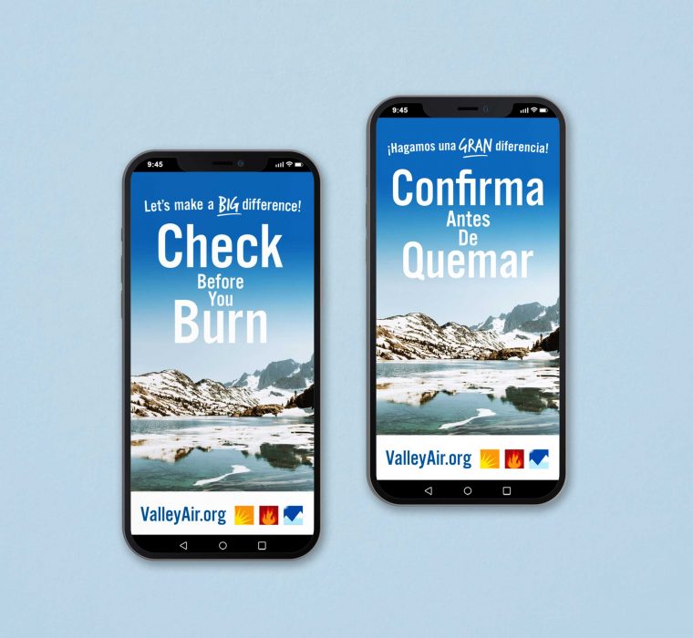 Two smartphones on a light blue background showing mobile versions of the Valley Air District website, one screen in English and the other in Spanish