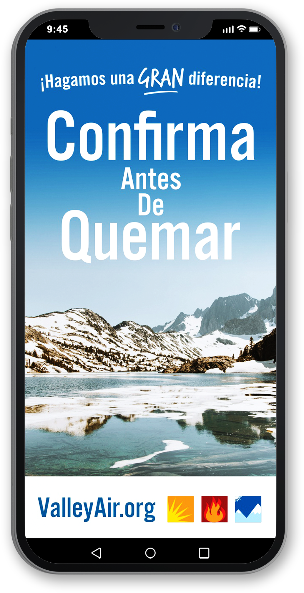 Smartphone on a transparent background showing the Valley Air District's website promoting its Check Before You Burn campaign in Spanish